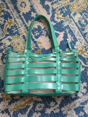 Rare Monsac Original Italian Leather Teal Woven Handbag